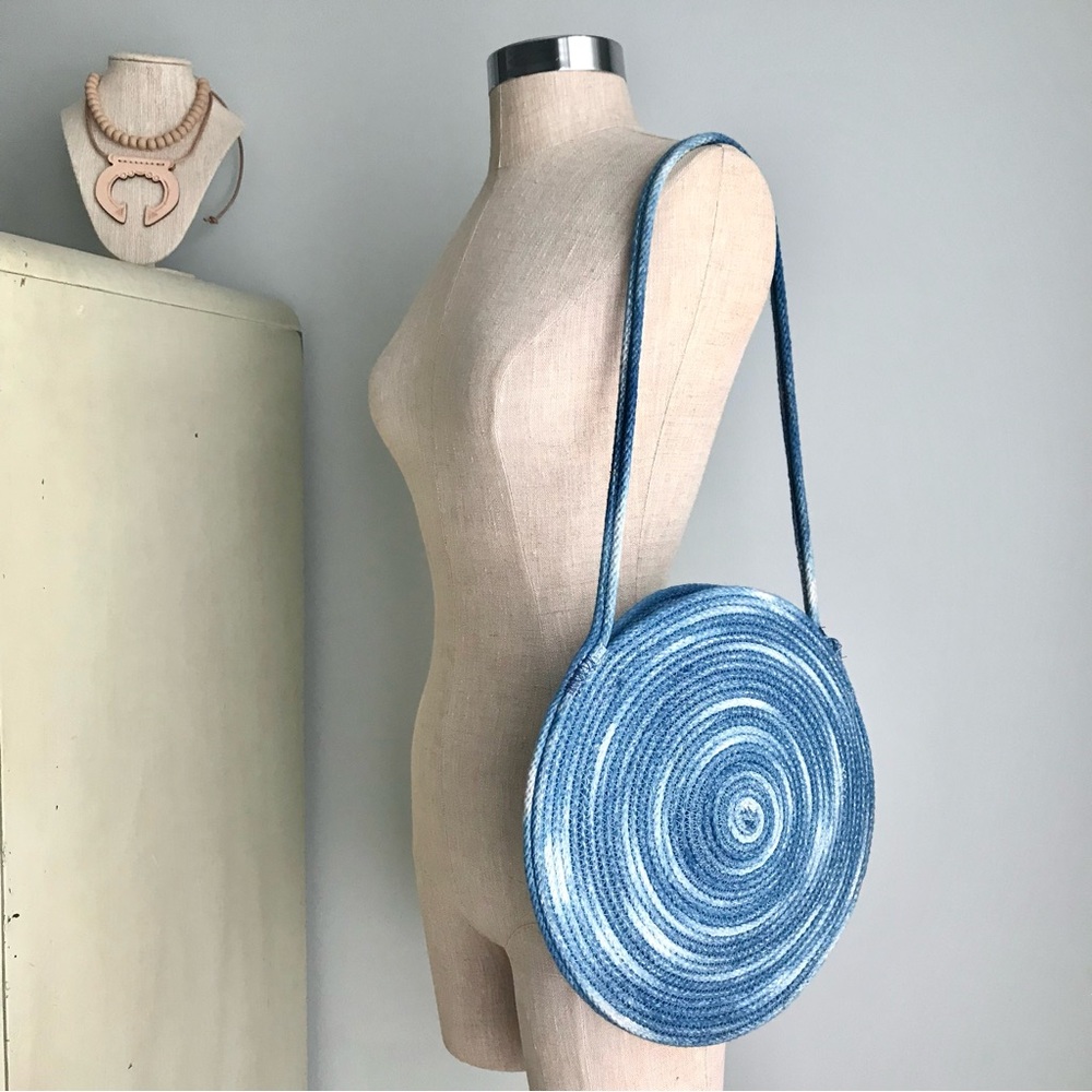 HEY BLUE Handmade Blue Cotton Dyed Round Circle LP Bag // Rope Woven Purse - Picture 3 of 6
